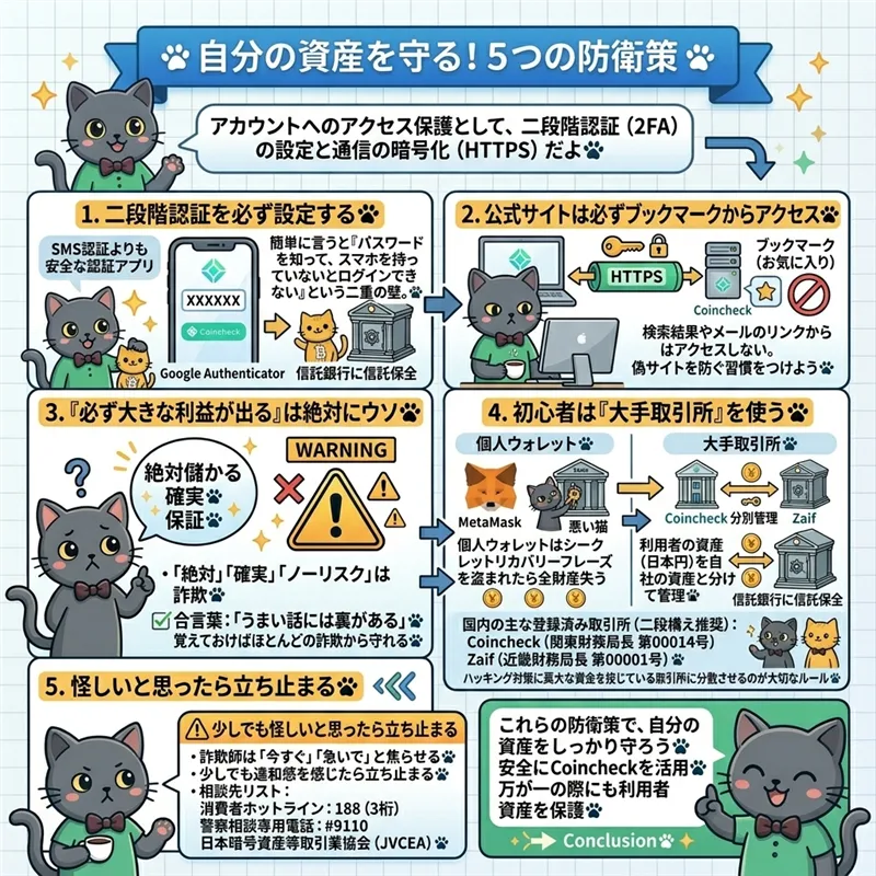 自分の資産を守る！5つの防衛策：二段階認証・公式サイトブックマーク・うまい話には裏がある・大手取引所の利用・怪しいと思ったら立ち止まる
