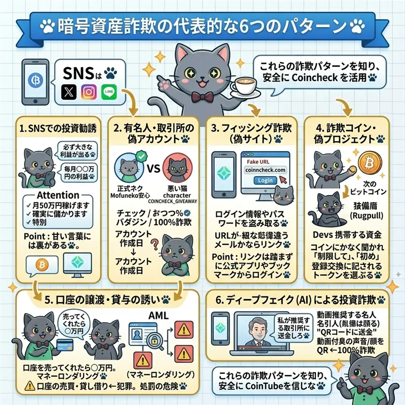 暗号資産詐欺の代表的な6つのパターン：SNS勧誘・偽アカウント・フィッシング・詐欺コイン・口座売買・ディープフェイク