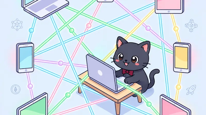 P2Pネットワークの図解。中央サーバーがなく、世界中のノードが対等に繋がっている様子
