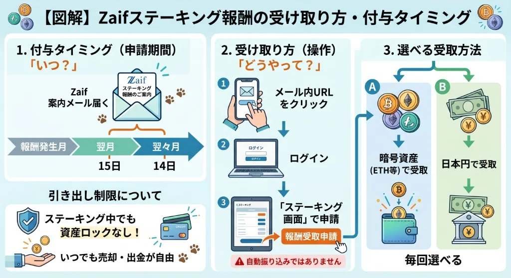 Zaifステーキング報酬の受け取りフロー図解